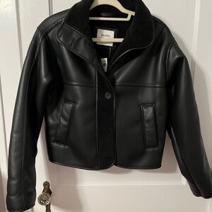 Hollister Women's Black Leather Jacket with Shearling Collar